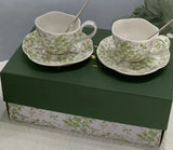 Porcelain Tea Cups and Saucers Set of 2 Flower Pattern Coffee Cup Wedding Ceramics Drinkware