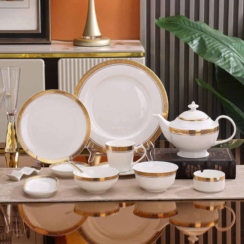Luxury Nordic Embossed Gold Dinner Set Porcelain Bowl Dishes Plates Coffee Cup Teapot Tableware Sets
