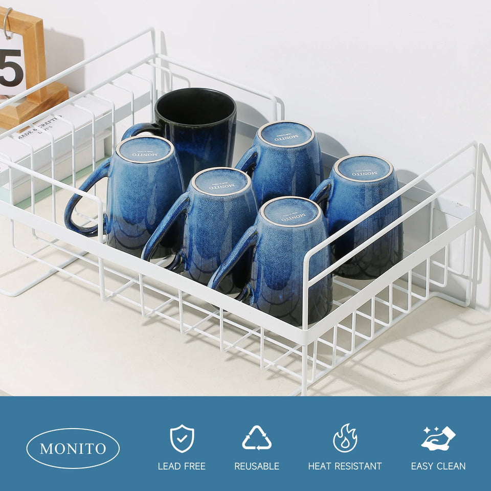 14 OZ Coffee Mugs Set of 6 Modern Large Ceramic Coffee Mugs Set with Handle for Tea Latte Milk Cocoa Ice-snow Blue