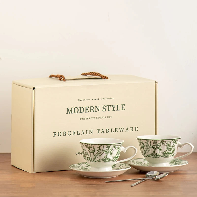 Porcelain Tea Cups and Saucers Set of 2 Flower Pattern Coffee Cup Wedding Ceramics Drinkware