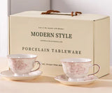 Porcelain Tea Cups and Saucers Set of 2 Flower Pattern Coffee Cup Wedding Ceramics Drinkware