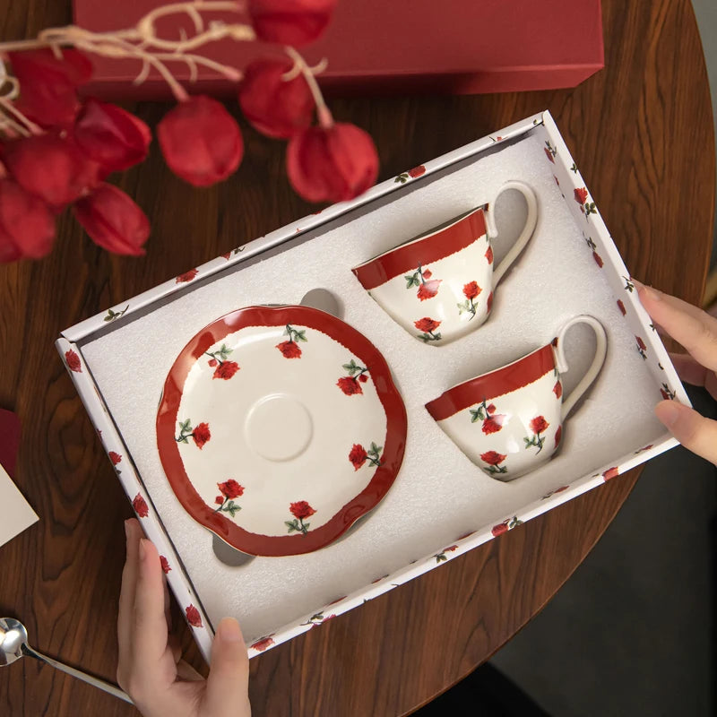 Porcelain Tea Cups and Saucers Set of 2 Flower Pattern Coffee Cup Wedding Ceramics Drinkware