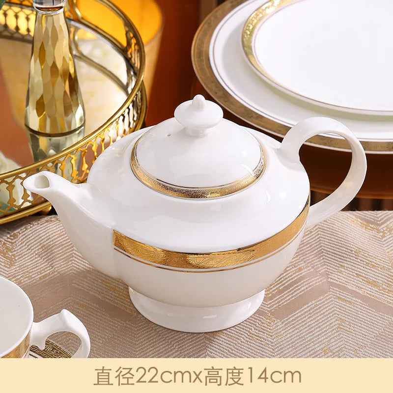 Luxury Nordic Embossed Gold Dinner Set Porcelain Bowl Dishes Plates Coffee Cup Teapot Tableware Sets