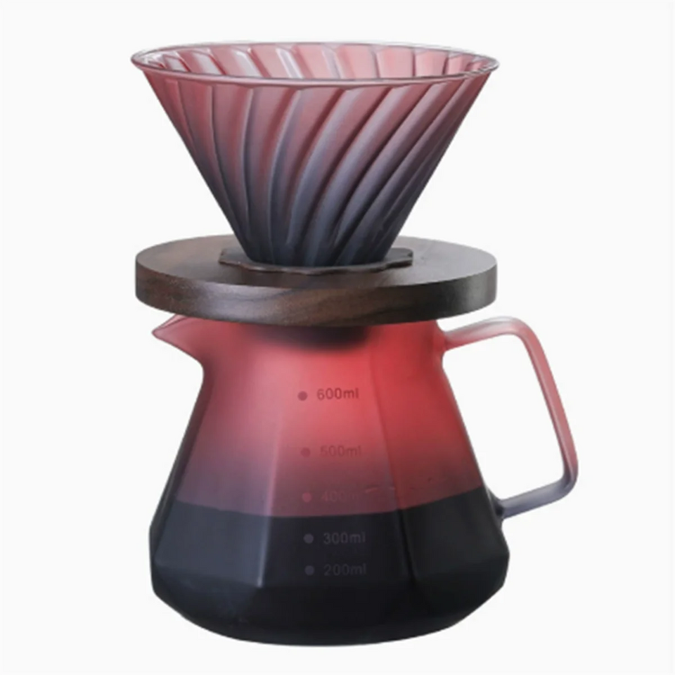 ABKWCoffee Filter Hand Drip Pot Percolators Borosilicate Glass Pour Coffee Tea Set with Walnut Handle