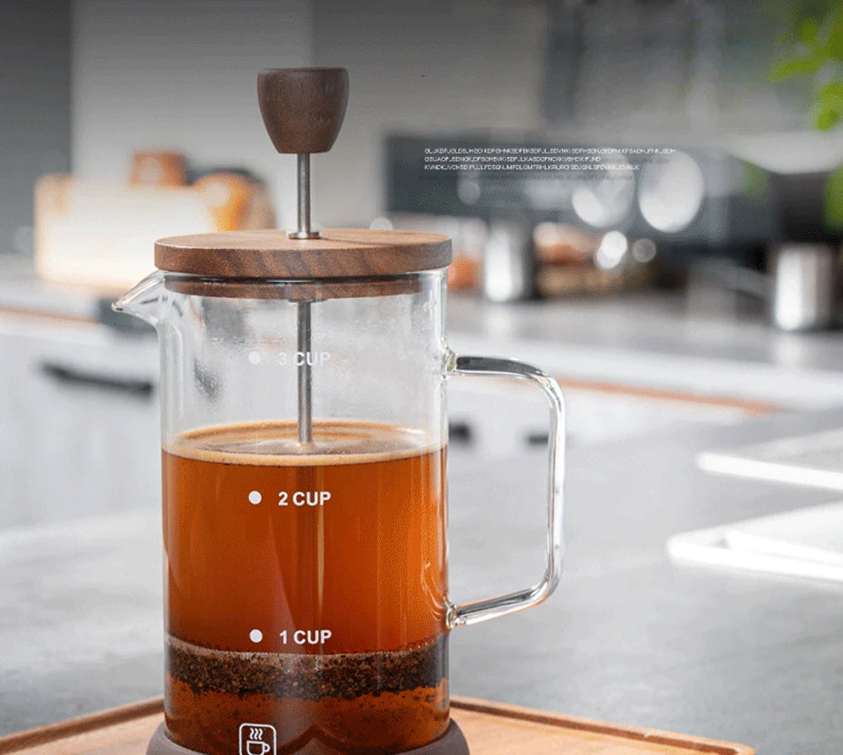 Coffee Pot French Press Coffee Maker Black Walnut Tea Brewer High Borosilicate Glass Coffee Pot  Coffee Accessories