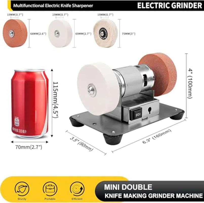 Mini Bench Grinder with 3 Wheels, Electric Multi-Purpose Grinding Machine for Metal, Wood, Knife Making, Jewelry Buffing, 6.3 x
