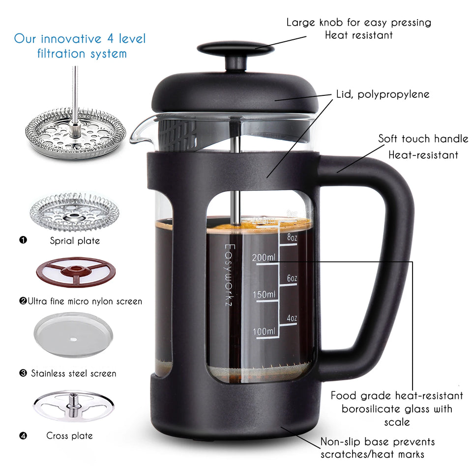 Easyworkz French Press  Coffee Tea Maker with Borosilicate Glass,Soft Grip Handle