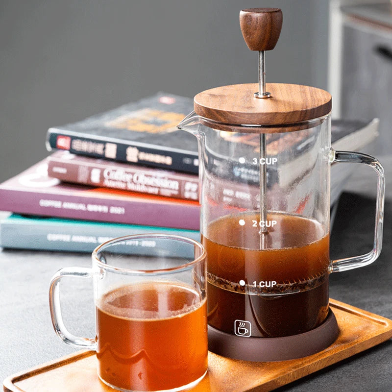 Coffee Pot French Press Coffee Maker Black Walnut Tea Brewer High Borosilicate Glass Coffee Pot  Coffee Accessories