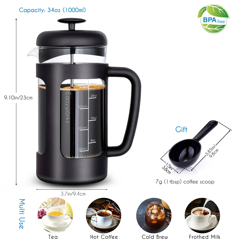Easyworkz French Press  Coffee Tea Maker with Borosilicate Glass,Soft Grip Handle