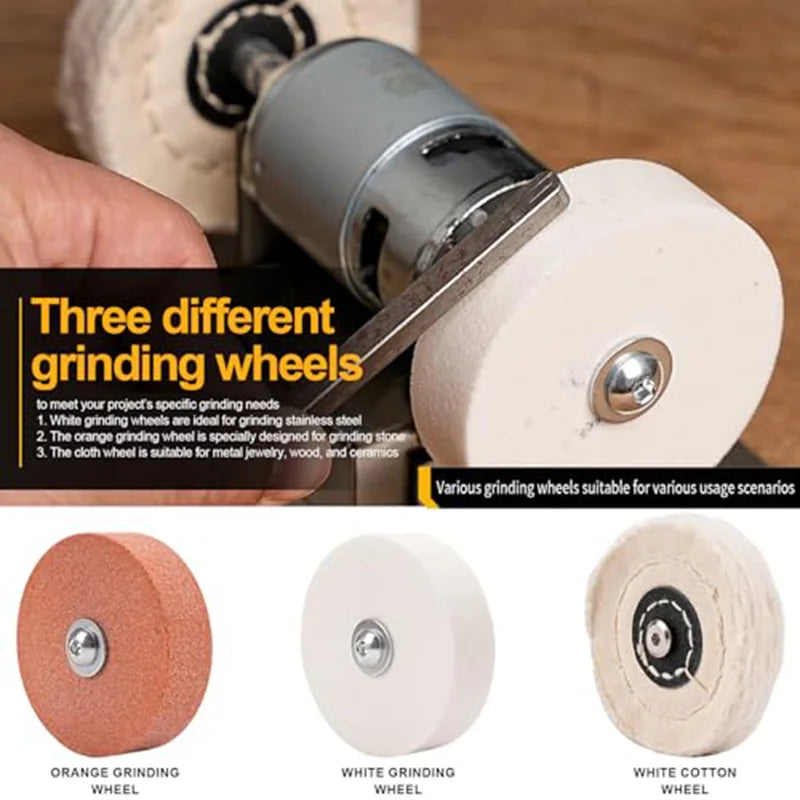 Mini Bench Grinder with 3 Wheels, Electric Multi-Purpose Grinding Machine for Metal, Wood, Knife Making, Jewelry Buffing, 6.3 x