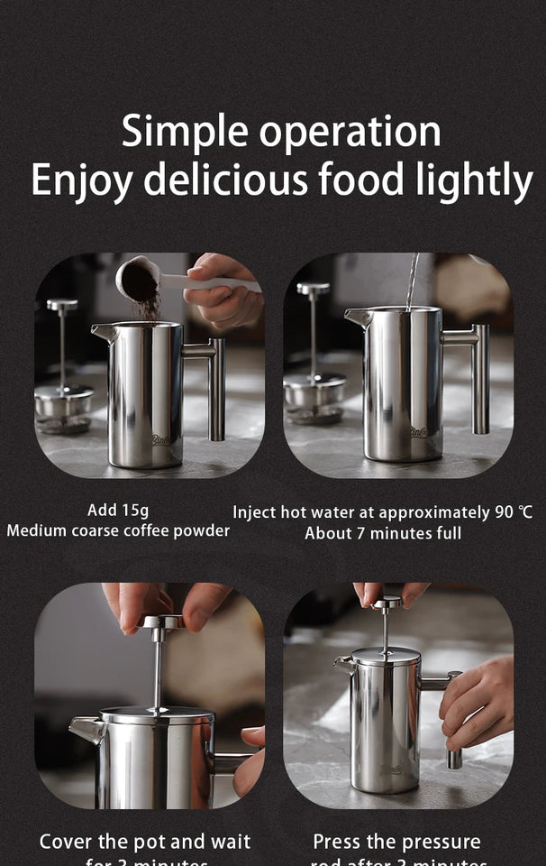 BINCOO 350ml/800ml/1000ml Coffee Maker Pot French Press Coffee Maker Stainless Steel Double Walled Insulated Coffee Maker Pot