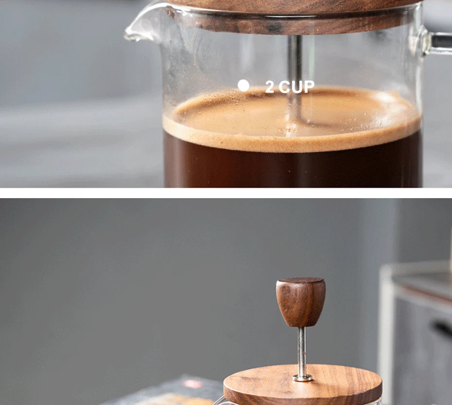 Coffee Pot French Press Coffee Maker Black Walnut Tea Brewer High Borosilicate Glass Coffee Pot  Coffee Accessories