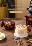 Bincoo 250ml Milk Coffee Cup with Walnut Handle, Transparent Glass Cup, Italian Espresso Latte Cup, Breakfast Oatmeal  cup