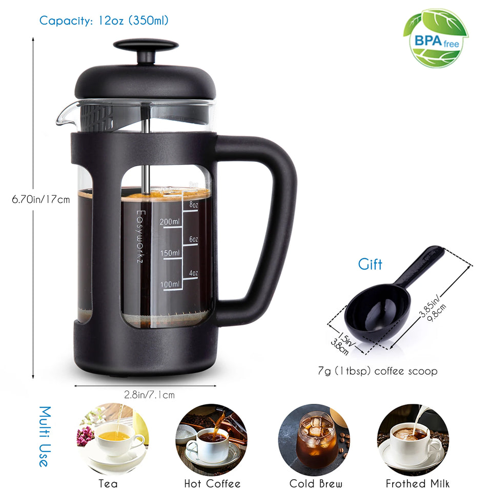 Easyworkz French Press  Coffee Tea Maker with Borosilicate Glass,Soft Grip Handle