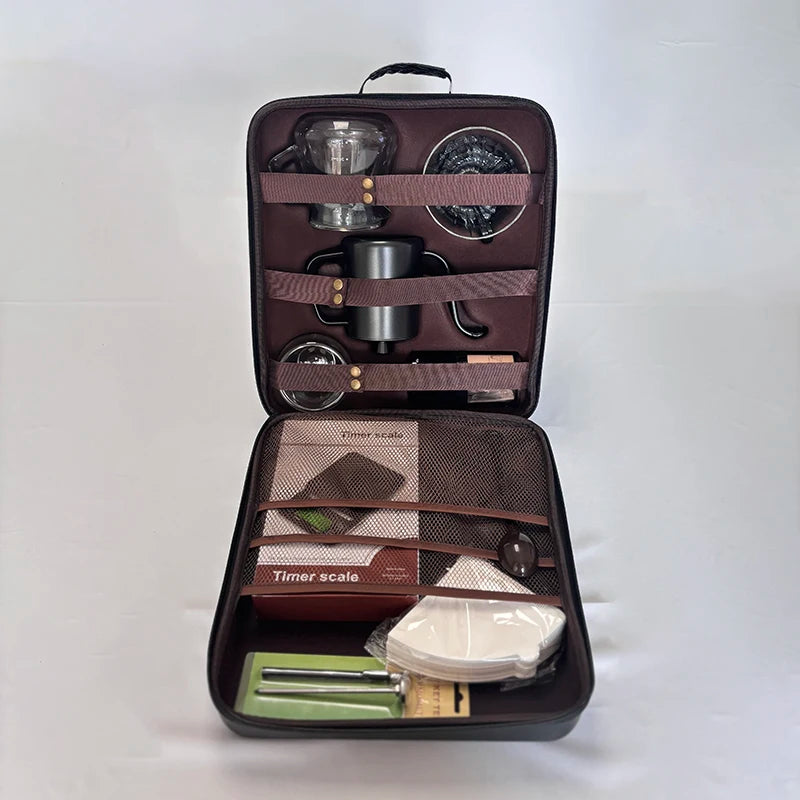 10 Pieces/Set of Travel Coffee Accessories Set Including PU Bags Manual Grinding Cups Filter Cups and Other Outdoor Coffeeware