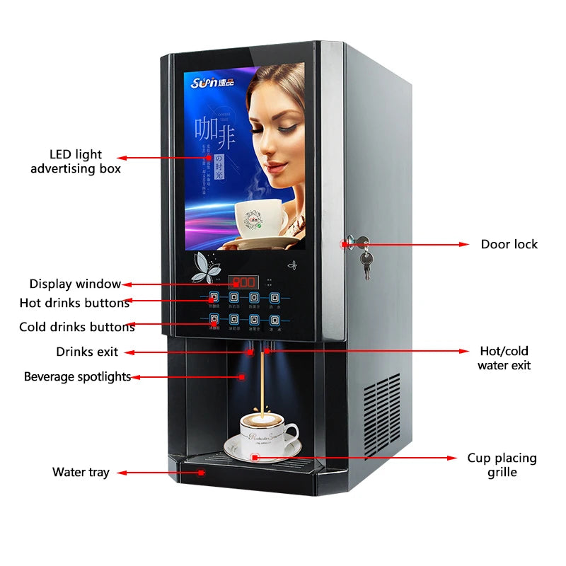 Automatic 3 hot 3 cold instant coffee machine self-service drinks fully automatic coffee vending machine