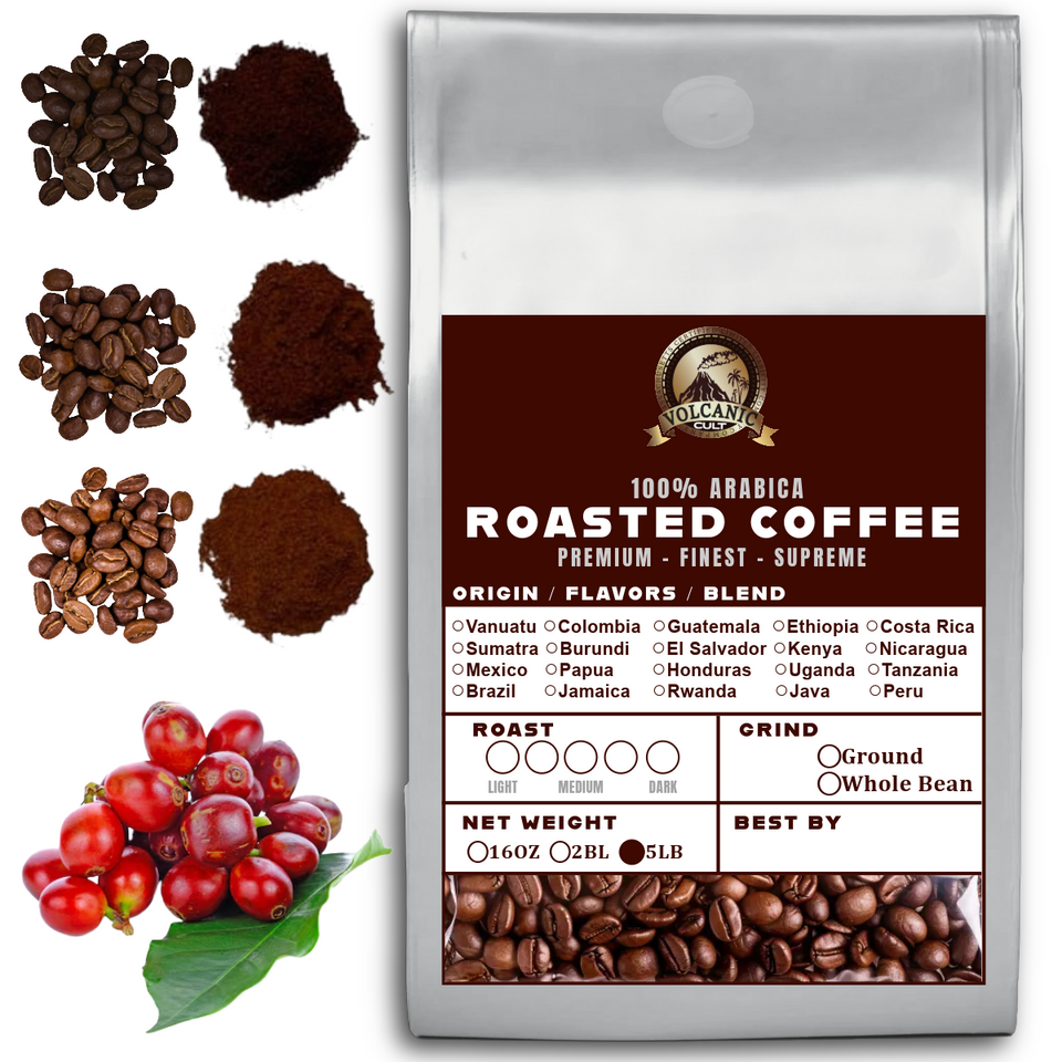Volcanic Cult 5 lb Whole Bean & Ground Coffee - Bulk Arabica Variety Pack (Vanuatu, Sumatra, Ethiopia, Brazil, Colombia, Kenya)