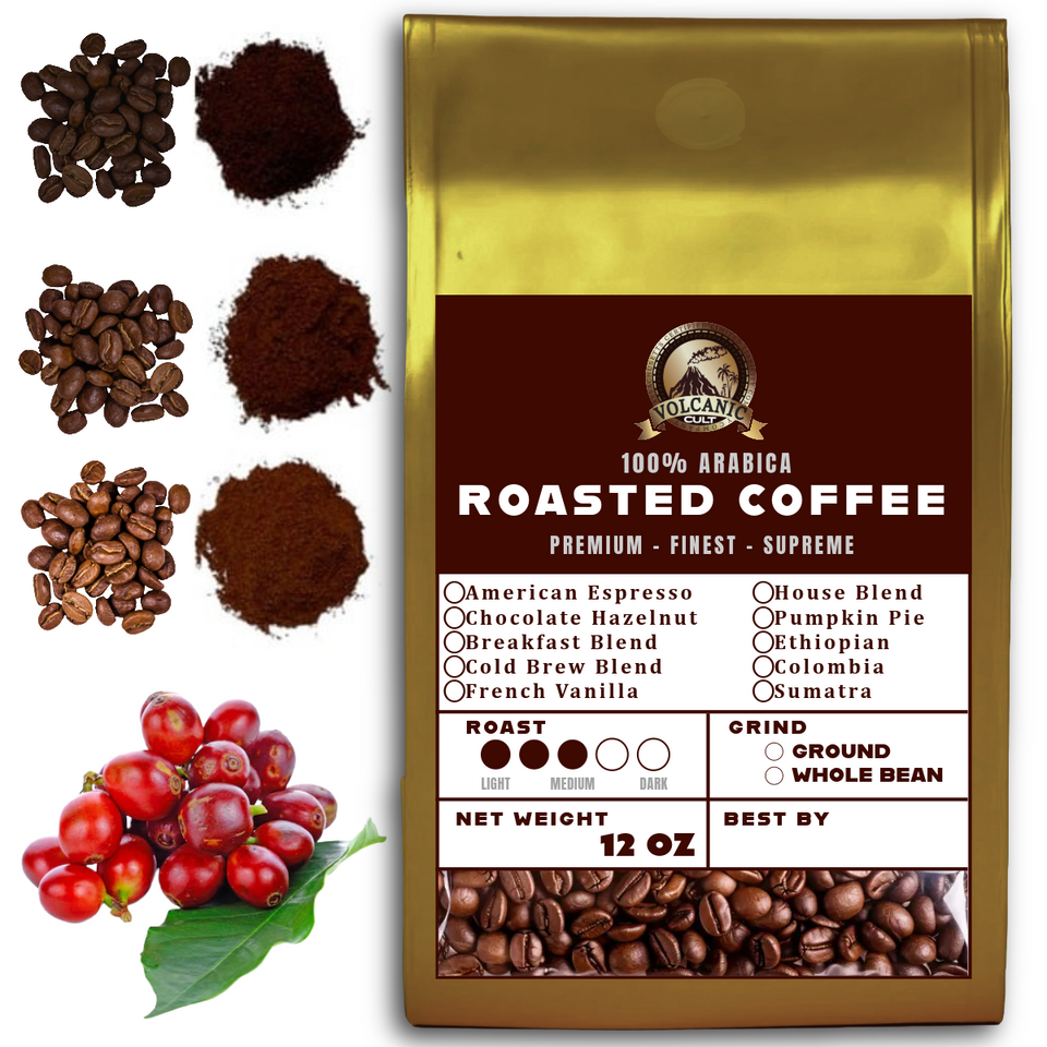 Volcanic Cult 12 oz Ground Coffee Variety Pack - Flavored & Unflavored Arabica (Espresso, Breakfast, Cold Brew, House, Vanilla, Hazelnut, Pumpkin)