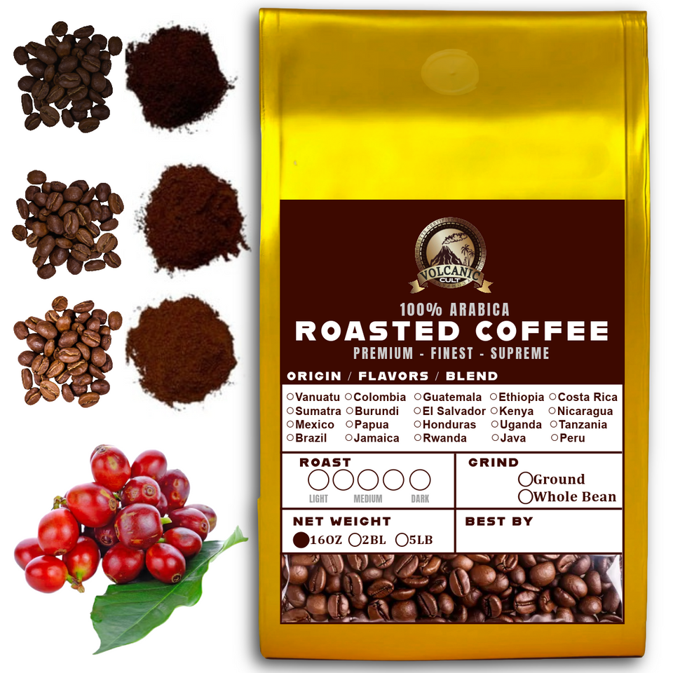 Volcanic Cult 16 oz Whole Bean & Ground Coffee - Single-Origin Arabica from Vanuatu, Sumatra, Ethiopia, Brazil, Kenya, Colombia (Light/Medium/Dark Roast)
