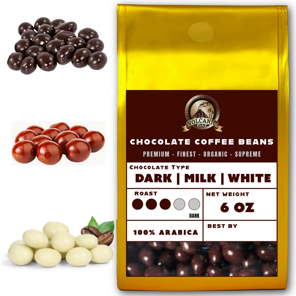 Volcanic Cult Chocolate-Covered Coffee Beans - Dark, Milk & White Chocolate Espresso Beans (6 oz, 12 oz, 16 oz, 32 oz, 80 oz)