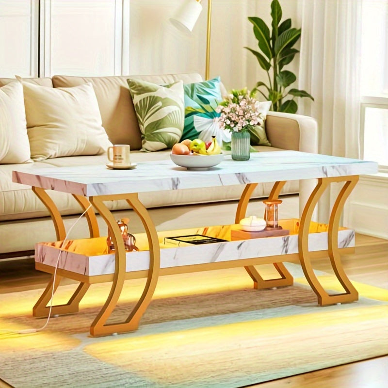 HOMIFLEX Coffee Table Modern Coffee Tables for Living Room White Marble Coffee Table Led Coffee Table with Storage 2-Tier Wood Center Table, Gold and White