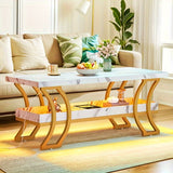 HOMIFLEX Coffee Table Modern Coffee Tables for Living Room White Marble Coffee Table Led Coffee Table with Storage 2-Tier Wood Center Table, Gold and White