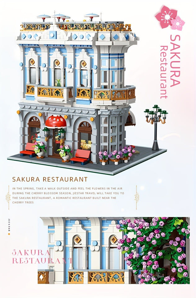 JIE-STAR 3725pcs Sakura Restaurant Street Scene Building Blocks Set - Creative Home Decor, Romantic Architectural Model Kit for Display
