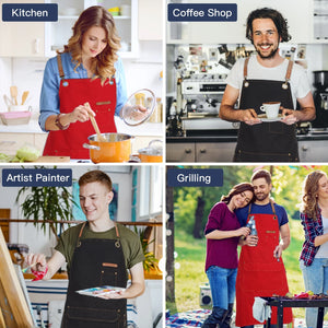 Chef Apron Artist Painting Gardening Work Apron Barista Bartender Barber Shop Apron, Cross Back Adjustable Strap Men Women Canvas Aprons with Large Pockets for Kitchen Cooking Baking Grilling – Red