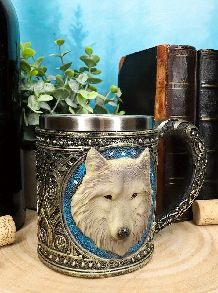 [Wolf Magic Mug] Gray Wolf Celtic Tribe Magic Resin Mug with Stainless Steel Rim | Suitable for Coffee, Tea, Cereal, And Drinks | Perfect for Halloween Parties And Kitchen Decor Featuring Wolf Forest Totem Beer Cup for Bar De