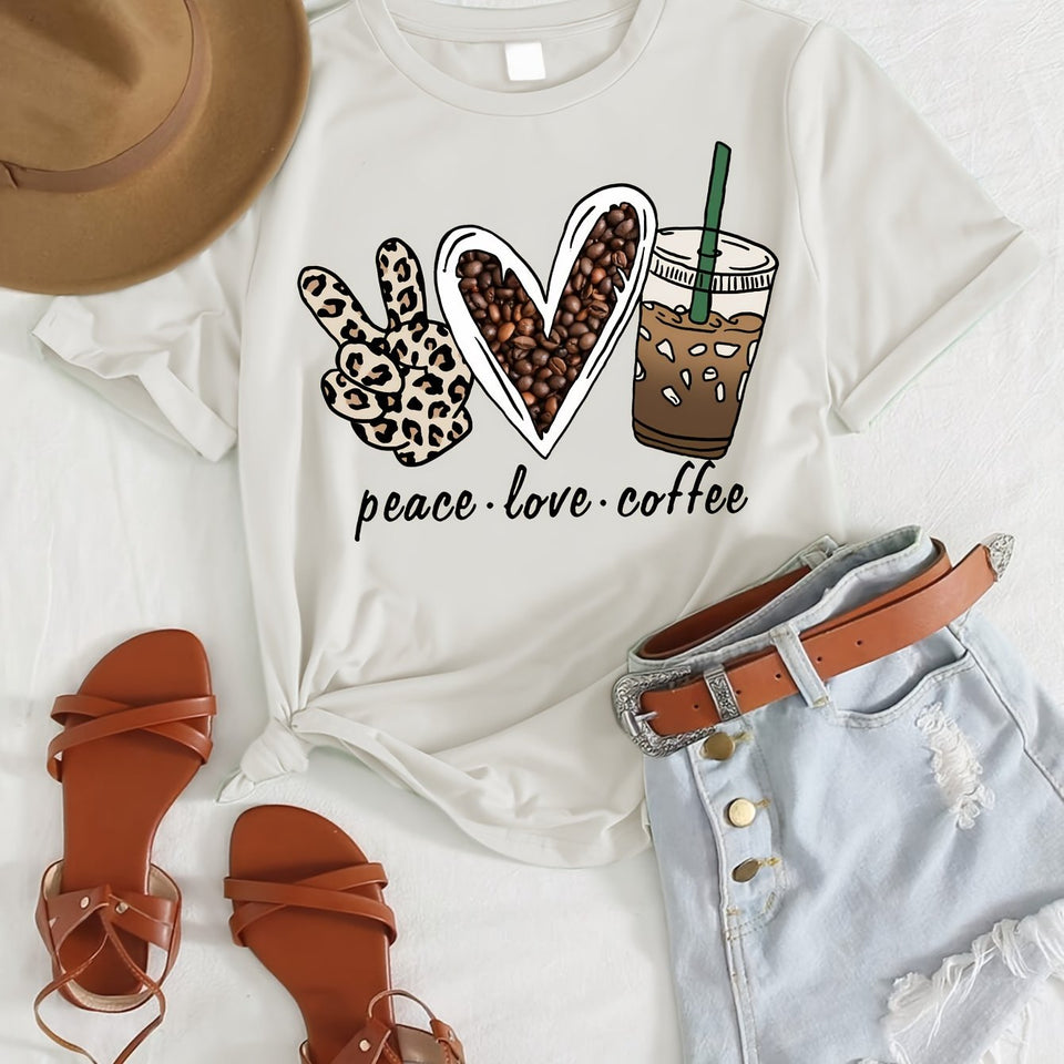 Peace Love Coffee Print, Girls Comfy T-shirt & Shorts Set, Casual Lightweight And Trendy Clothing For Summer
