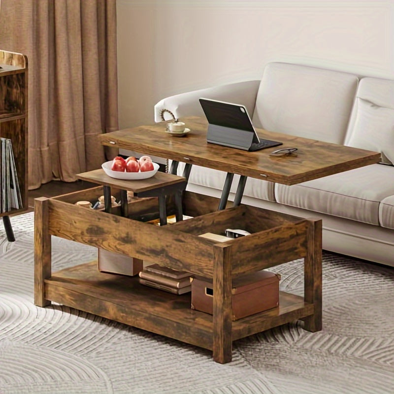 Sablyme Rustic Farmhouse Lift Top Coffee Table, 3-in-1 Multi-Function Center Table with Storage, Brown Hardwood - Ideal for Living Room, Adjustable Height for Comfortable Use