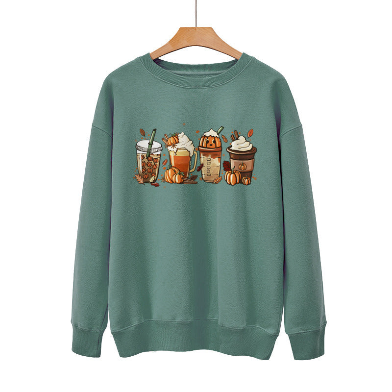 New Coffee Pumpkin Halloween Street Spring Autumn And Winter Round Neck Loose Casual Pullover
