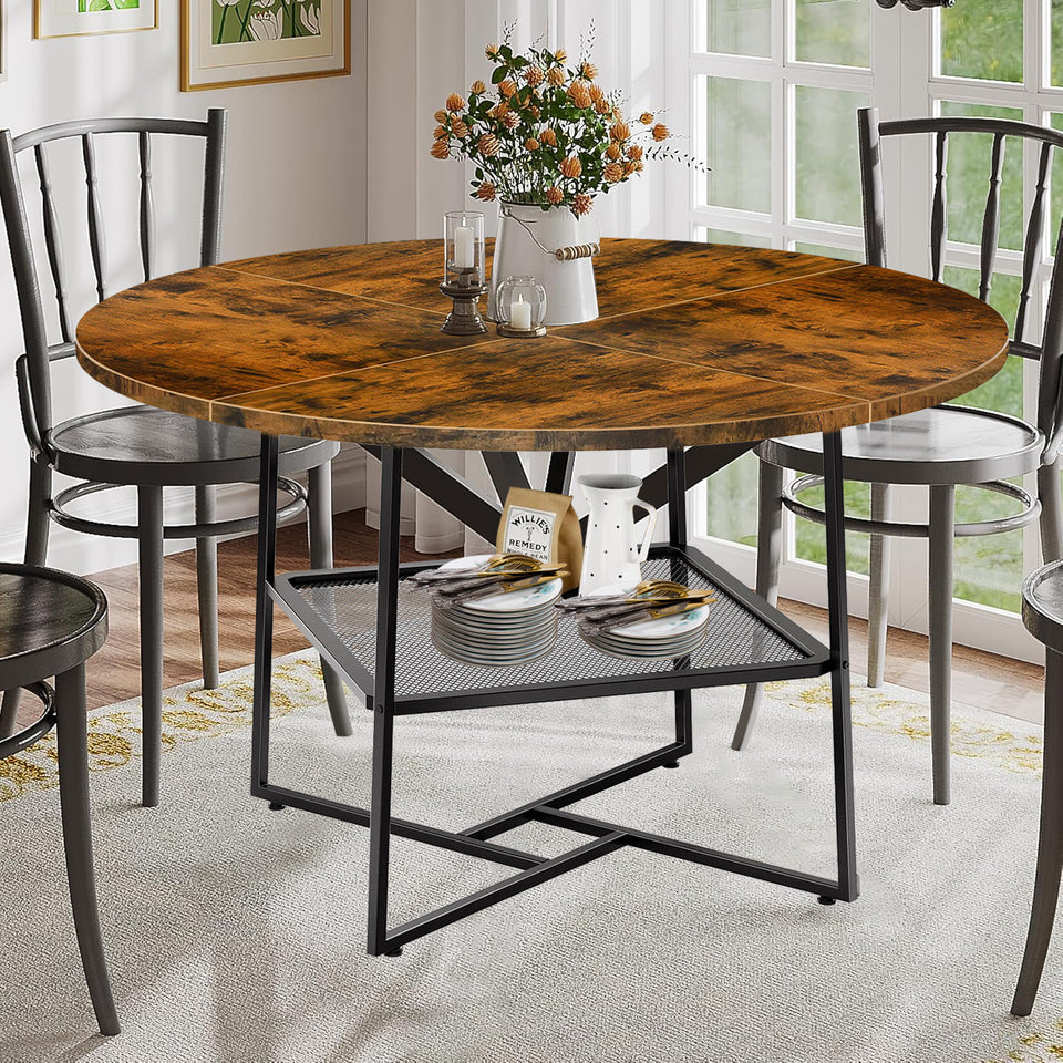 51  Round Dining Table For 4-6  Tiger Stripes-Black Wooden Dining Room Table With Storage Shelf Space Saving Circle Dinner Table With Metal Legs For Kitchen Living Room Dining Restaurant Furniture