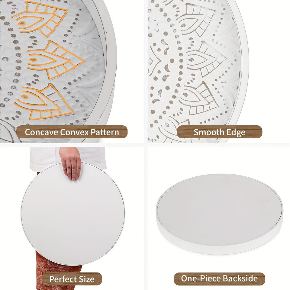 Rustic Farmhouse White Wooden Tray with Unique House Pattern - 12" Round Decorative Serving Tray for Coffee Table, Perfect for Home Decor, Parties & Gifts