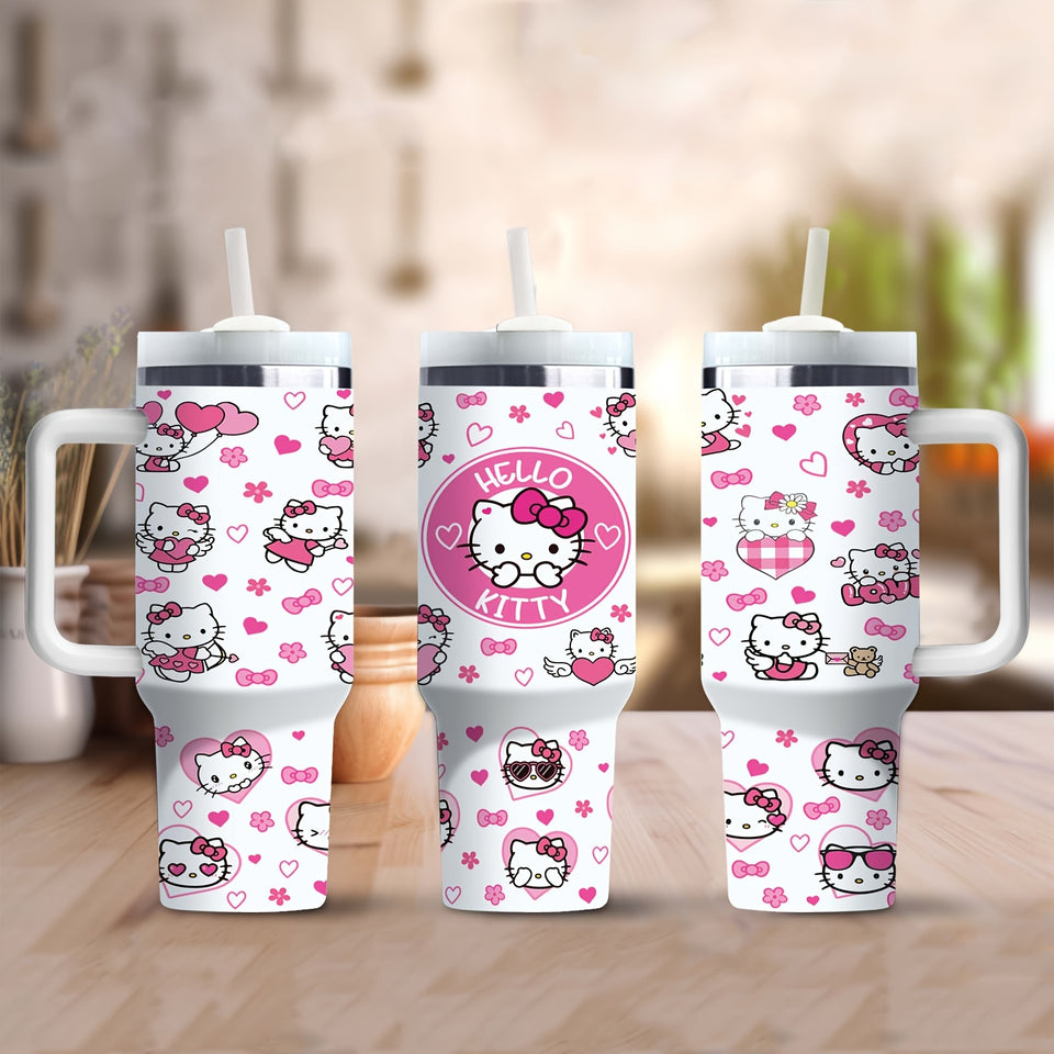 1pc 40oz Cute Hello Kitty with Handle Large Coffee Water Bottle Printed with Katie Cat Pattern Stainless Steel Insulation and Cold Preservation Water Cup Suitable for Gifts to Family and Friends with Straw, The Straw Is Insid