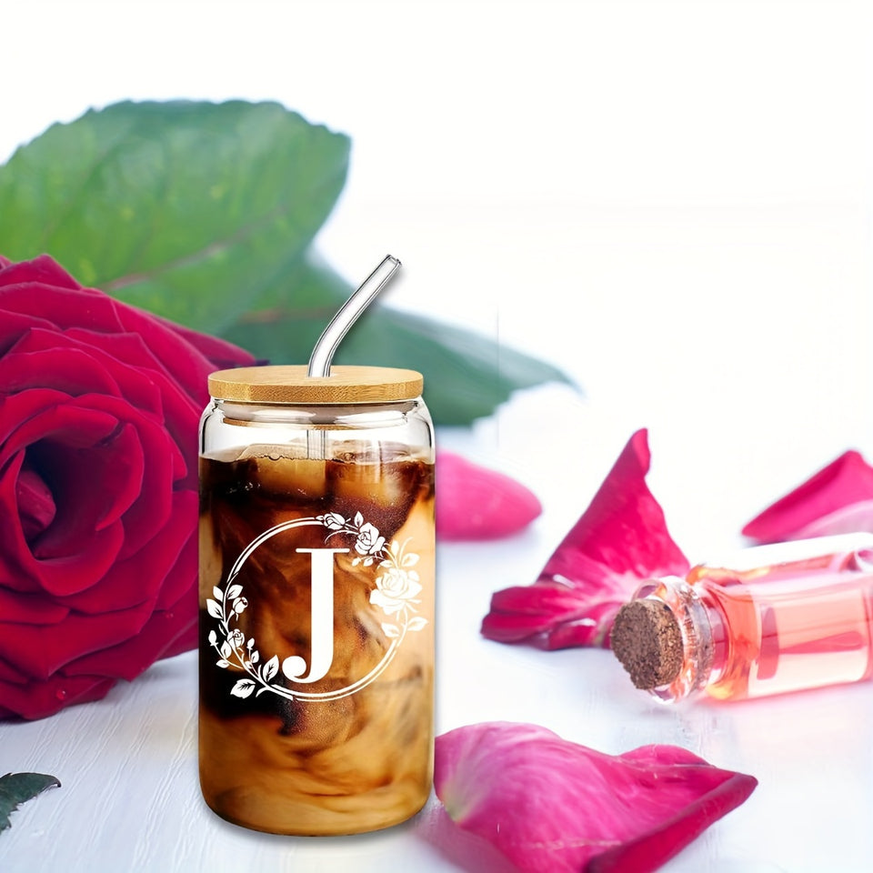 1pc Alphabet Letter A-Z Glass Coffee Mug - 16oz Large Capacity, Bamboo Lid, Straw, and Handle - Perfect for Office, Home, Birthday, Bridesmaid, Thanksgiving, Christmas, Eid Al-Adha Mubarak, and Party Use