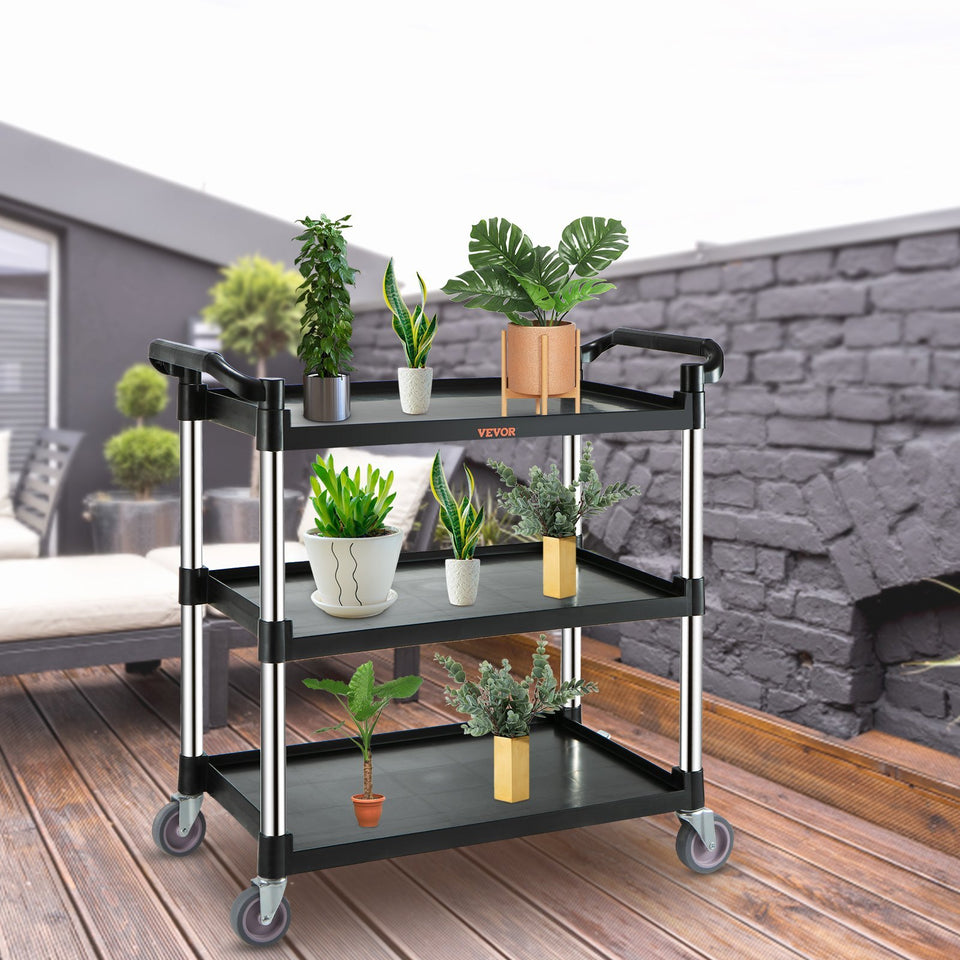 VEVOR Utility Service Cart, 3 Shelf Heavy Duty 154LBS Food Service Cart, Rolling Utility Cart With Lockable Wheels, Plastic Utility Cart For Kitchen Office Restaurant Home, Black