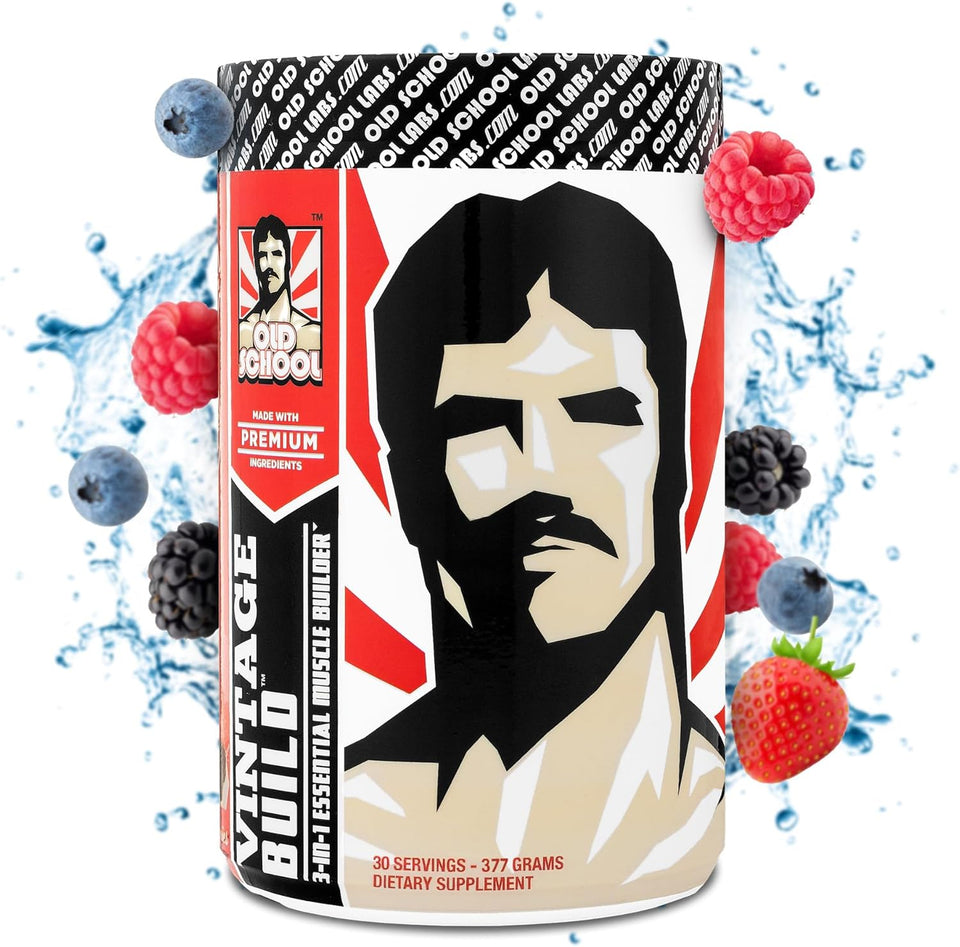 Vintage Build – Post Workout Recovery & Muscle Building Powder Drink for Muscular Strength & Growth - Reduces Soreness – Creatine Monohydrate, Bcaas, L-Glutamine – Fresh Berries Flavor – 377G