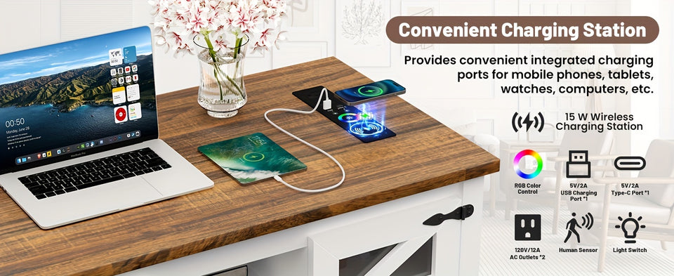 Lift Top Coffee Table with RGB Lights, Farmhouse Coffee Table with Charging Station, Dining Table with Large Hidden Storage Shelf for Living Room, 22" (55.8cm) D x 40.1"(101.85cm) W x 19" (48.26cm) H