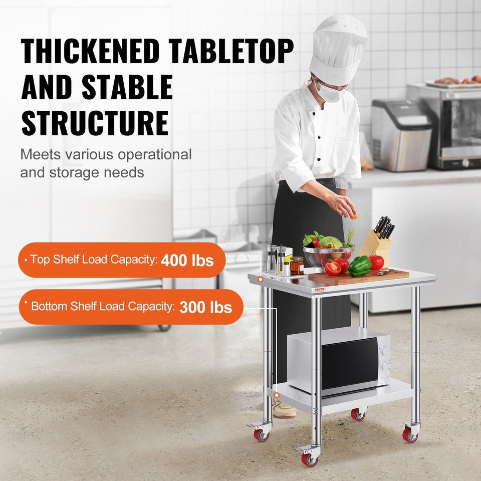 VEVOR Stainless Steel Work Table With Wheels 24 X 30 Prep Table With Casters Heavy Duty Work Table For Commercial Kitchen Restaurant Business  24 X 30 X 33.8 Inch