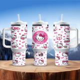 1pc 40oz Cute Hello Kitty with Handle Large Coffee Water Bottle Printed with Katie Cat Pattern Stainless Steel Insulation and Cold Preservation Water Cup Suitable for Gifts to Family and Friends with Straw, The Straw Is Insid