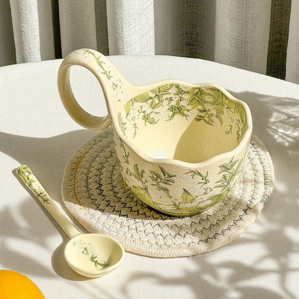 Elegant Green Lily Of The Valley Ceramic Mug - Hand-Wash Only, Reusable Coffee & Milk Cup For Home And Restaurant Use