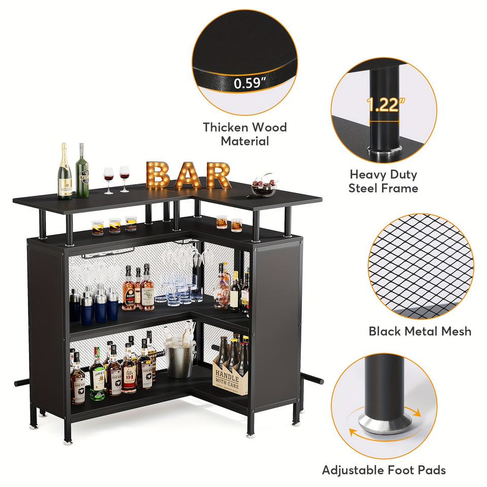 2-Tier L-Shaped Home Bar Unit with Stemware Racks & Footrest - Compact Coffee & Liquor Cabinet for Stylish Kitchen, Living Room or Pub Corner