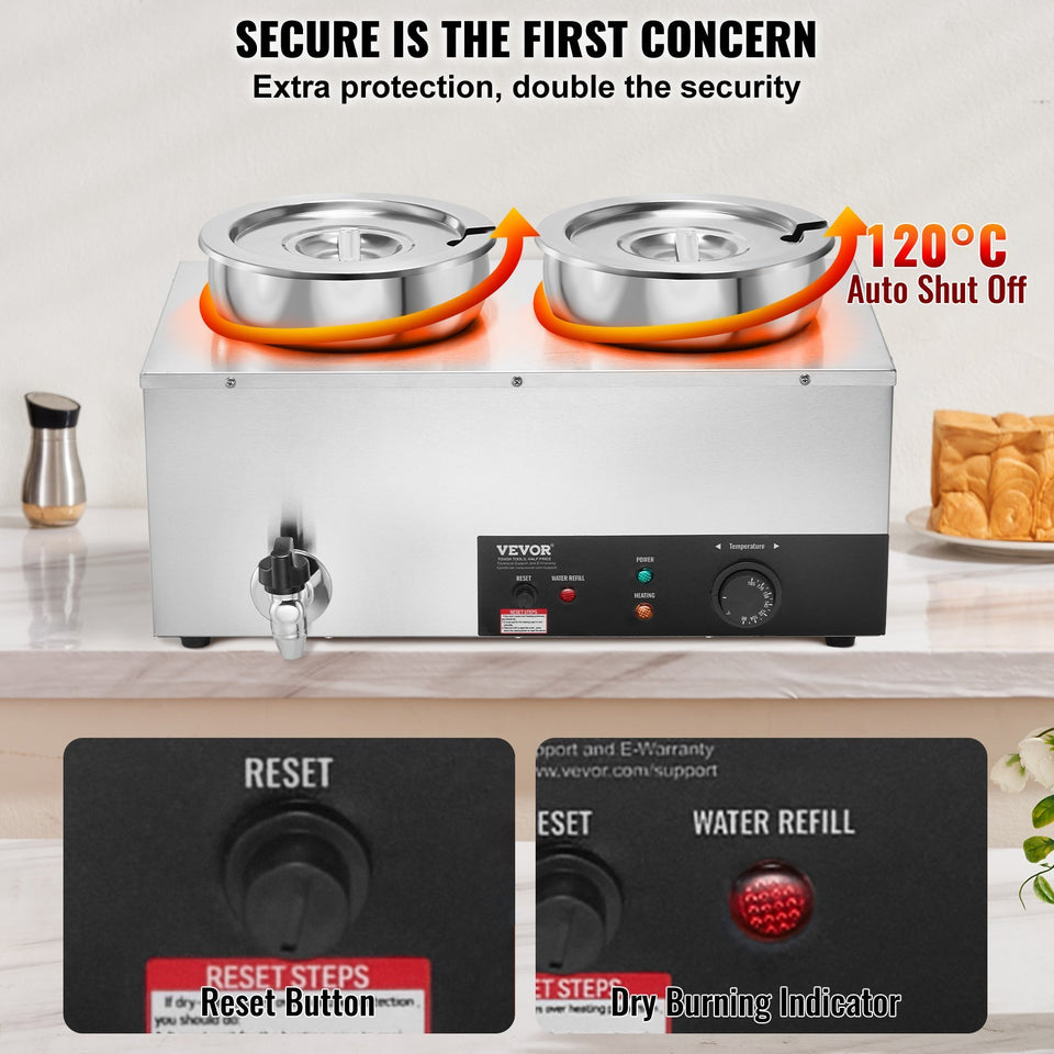 VEVOR Electric Soup Warmer, Dual 7.4QT Stainless Steel Round Pot Adjustable Temp, 1200W Commercial Bain Marie With Anti-dry Burn And Reset Button, Soup Station For Restaurant, Buffet, Silver