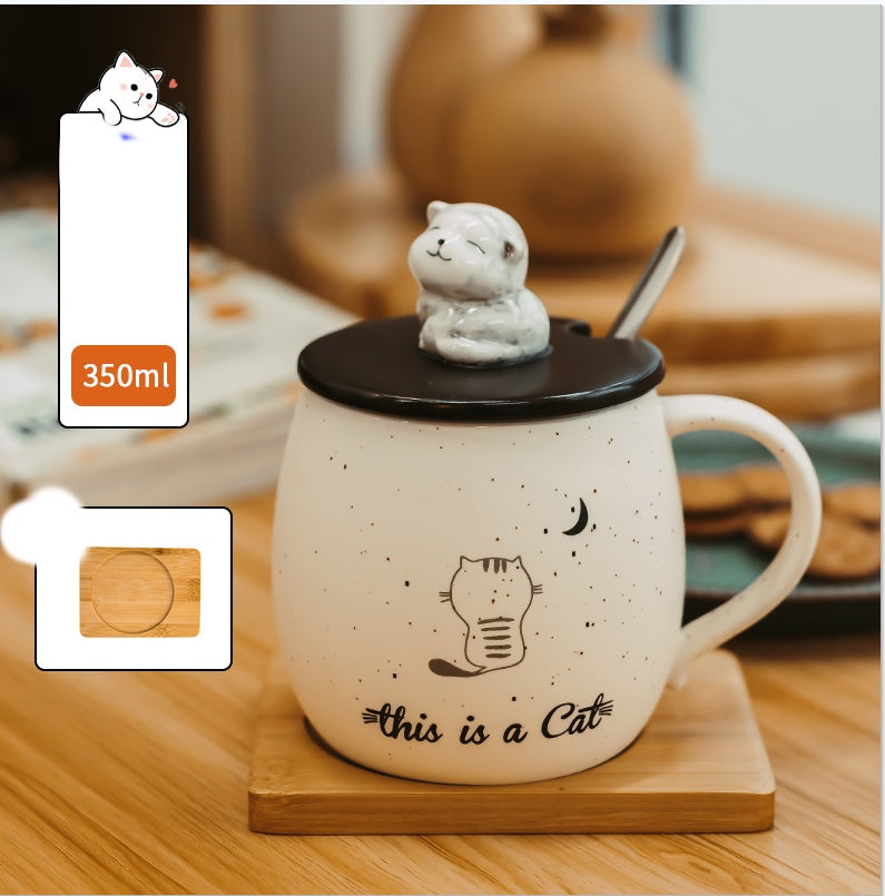 Cute Mark Ceramic Cup Female Coffee Spoon With Lid Cat Home Breakfast