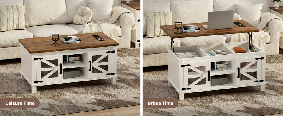 Lift Top Coffee Table with RGB Lights, Farmhouse Coffee Table with Charging Station, Dining Table with Large Hidden Storage Shelf for Living Room, 22" (55.8cm) D x 40.1"(101.85cm) W x 19" (48.26cm) H