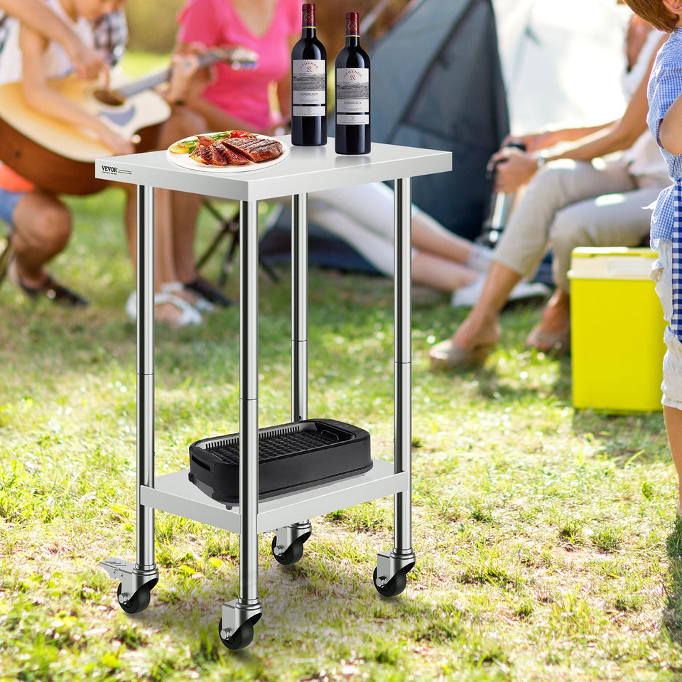 VEVOR Stainless Steel Work Table 24 X 18 X 38 Inch, With 4 Wheels, 3 Adjustable Height Levels, Heavy Duty Food Prep Worktable For Commercial Kitchen Restaurant, Silver