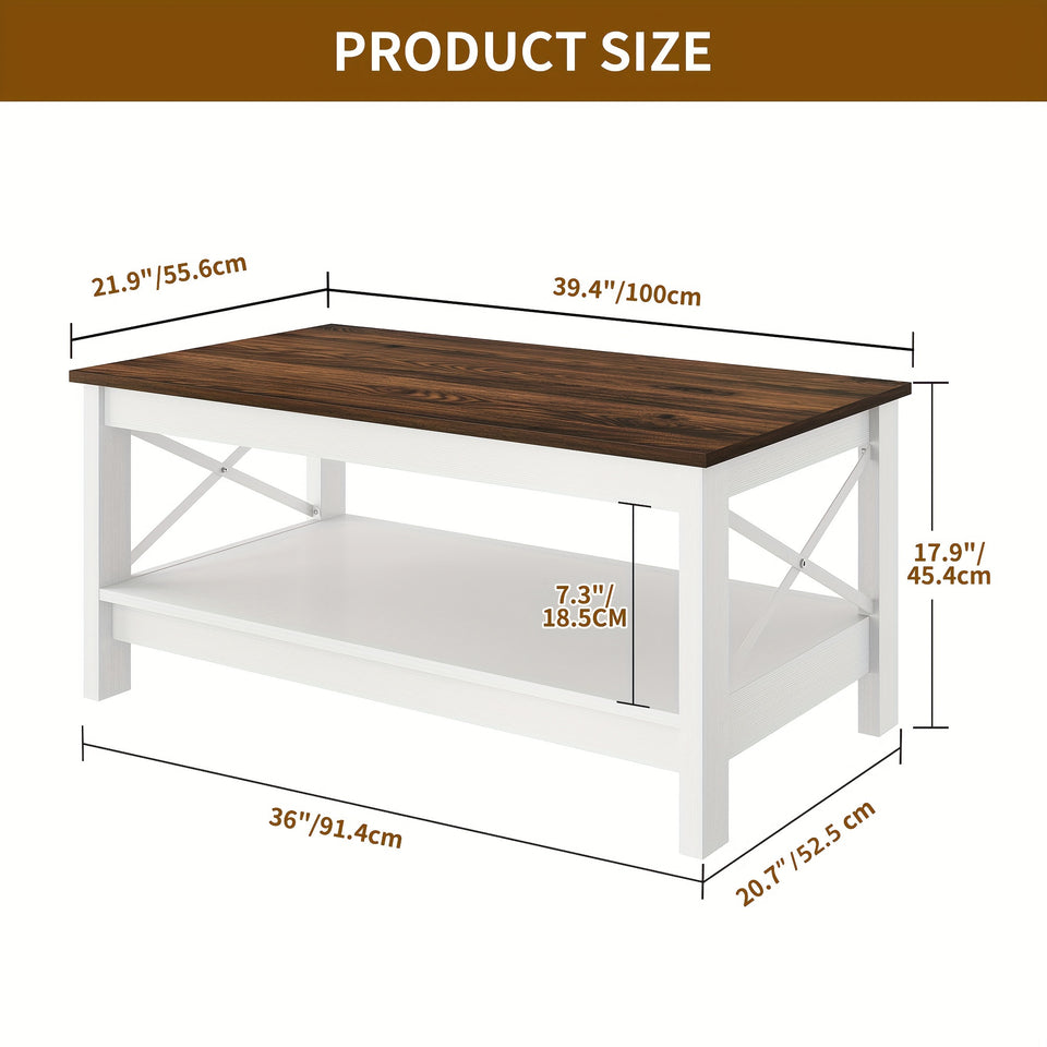 2-Tier Thicken Wood Accent Xelsyo Farmhouse Coffee Table with Open Storage Shelf, Brown and White for Living Room Home Office