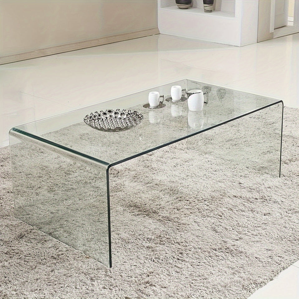 Tempered Glass Coffee, Clear Coffee Table, Waterfall Rectangle Coffee Table for Living Room, Cocktail Tea Table with Rounded Edges