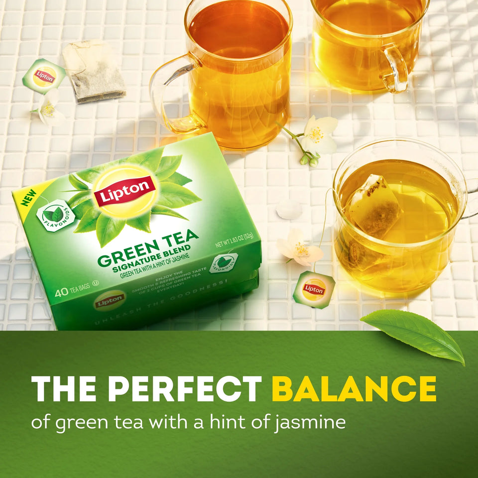 Signature Blend Green Tea Bags, Unsweetened Teabags for Hot or Iced Tea with Caffeine and Flavonoids, 40 Count